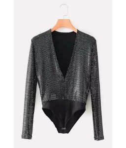 Black Sequin Plunging Long Sleeve Sexy Bodysuit