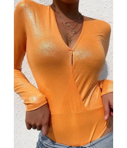Orange V Neck Long Sleeve Sexy Bodysuit