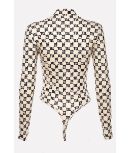 Khaki Print High Cut Mock Neck Long Sleeve Casual Bodysuit