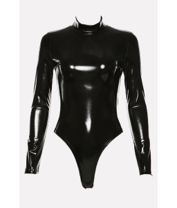 Black Faux Leather Zipper Back High Cut Sexy Bodysuit