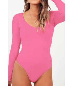 Hot-pink High Cut Long Sleeve Casual Bodysuit