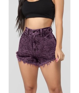 Purple Pocket Raw Hem High Waist Casual Denim Shorts