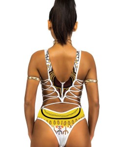 White High Neck African Tribal Print Strappy Caged High Cut Sexy Cheeky One Piece Swimsuit