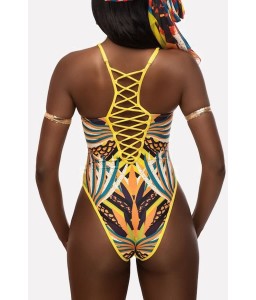Yellow Tribal Print Caged Strappy High Cut Sexy One Piece Swimsuit