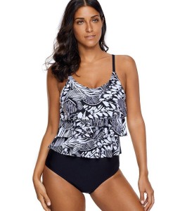 Black Graphic Print Layered Sexy One Piece Swimsuit