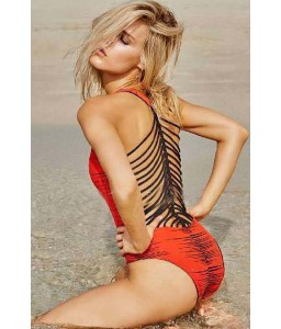 Orange Printed Strappy Sexy One Piece Swimsuit