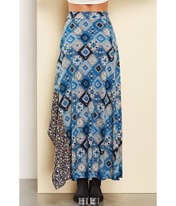 Blue Geometric Print Splicing Casual Skirt
