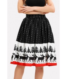 Black Elk Print Elastic Waist Christmas Skirt