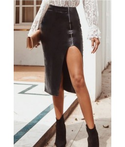 Black Faux Leather Zipper Up Slit Sexy Skirt