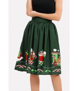 Green Graphic Print Elastic Waist Christmas Skirt