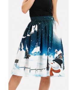 Multi Snowman Print Elastic Waist Christmas Skirt