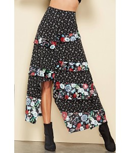 Black Floral Print Ruffles Slit Casual Skirt