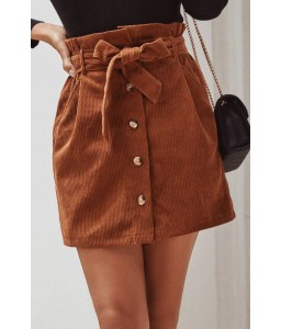 Brown Corduroy Button Up Tied Casual Skirt