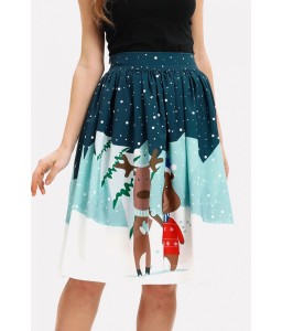 Multi Deer Print Elastic Waist Christmas Skirt