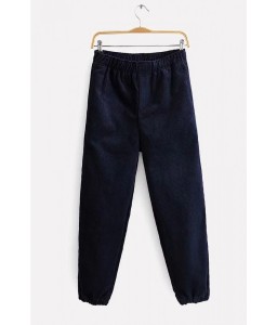 Dark-blue Corduroy Pocket Elastic Waist Casual Pants