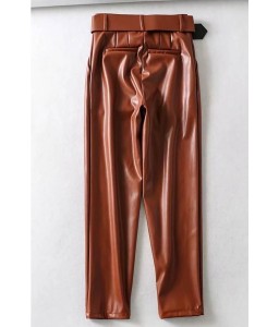 Brown Pu Belt Casual Pants