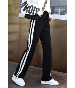 Black Contrast Stripe Drawstring Slit Casual Pants