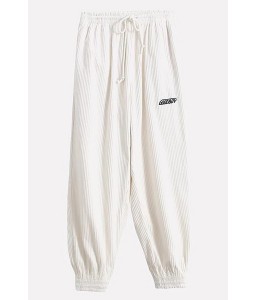 White Corduroy Embroidery Letters Drawstring Waist Casual Pants
