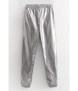 Silver Metallic Elastic Waist Casual Pants