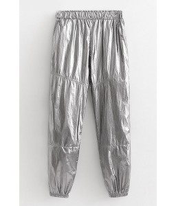 Silver Metallic Elastic Waist Casual Pants