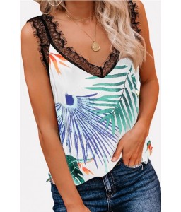 Green Floral Print Lace Splicing Casual Tank Top