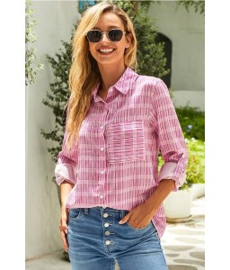 Hot-pink Stripe Button Up Long Sleeve Casual Shirt