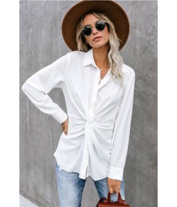 White Twisted Button Up Long Sleeve Casual Shirt