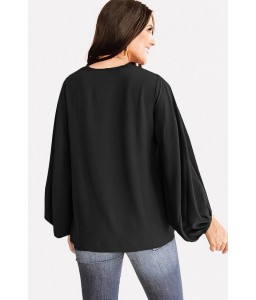 Black V Neck Puff Sleeve Casual Blouse