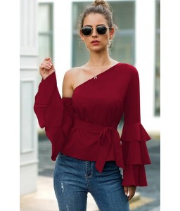 Dark-red Tied One Shoulder Flare Sleeve Casual Blouse