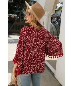 Dark-red Floral Print Button Up Tassels Casual Blouse