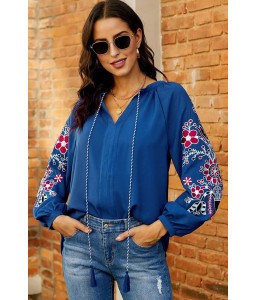 Blue Floral Embroidery V Neck Long Sleeve Casual Blouse