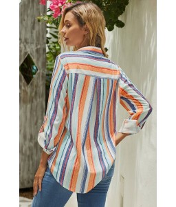 Orange Stripe Button Up Long Sleeve Casual Shirt