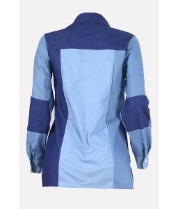Blue Splicing Button Up Long Sleeve Casual Denim Shirt