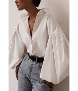 White Button Up Puff Sleeve Casual Shirt