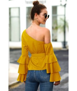 Yellow Tied One Shoulder Flare Sleeve Casual Blouse