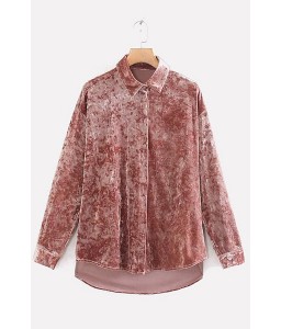 Pink Velour Button Up Long Sleeve High Low Casual Shirt