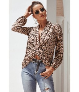 Leopard Twisted V Neck Long Sleeve Sexy Blouse
