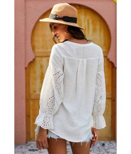 White Button Up Hollow Out V Neck Long Sleeve Casual Blouse