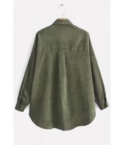 Army-green Corduroy Button Up Long Sleeve High Low Casual Shirt