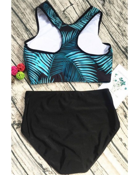 Black High Neck Tropical Palm Leaf Print Racer Back Cute Two Piece Crop Top Bikini Swimsuit