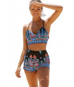 Black Plunging Tribal Print Strappy Lace Up Backless Boyshort Sexy Two Piece Crop Top Bikini Swimsuit