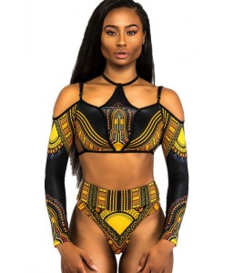 Black Cold Shoulder African Tribal Print High Cut Long Sleeve Sexy Cheeky Two Piece Swimsuit