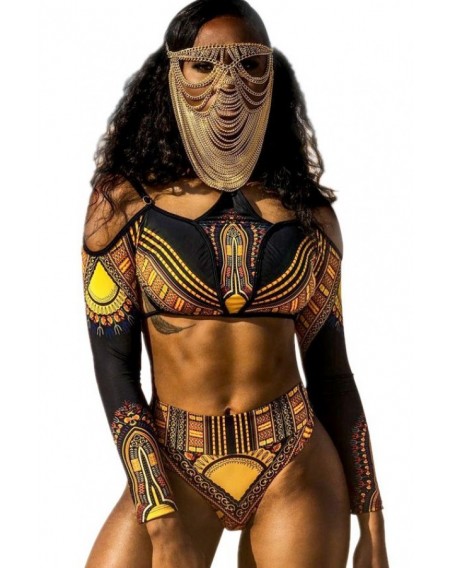 Black Cold Shoulder African Tribal Print High Cut Long Sleeve Sexy Cheeky Two Piece Swimsuit
