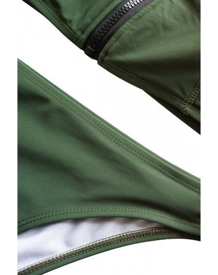 Army-green Zipper U Neck Cheeky Sexy Crop Top Bikini