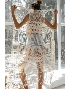 Beige Hollow Out Crochet Fringe Hem Sexy Beach Cardigan Cover Up