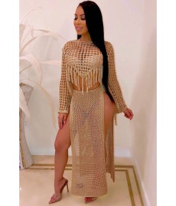 Camel Fringe Hollow Out Slit Crop Top Skirt Sexy Cover Up