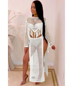 White Fringe Hollow Out Slit Crop Top Skirt Sexy Cover Up