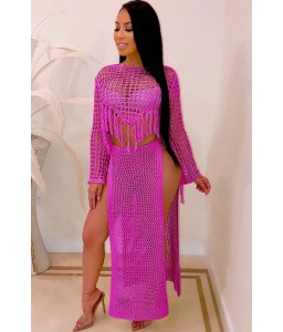 Hot-pink Fringe Hollow Out Slit Crop Top Skirt Sexy Cover Up