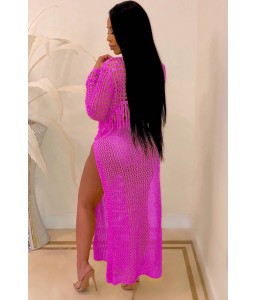 Hot-pink Fringe Hollow Out Slit Crop Top Skirt Sexy Cover Up