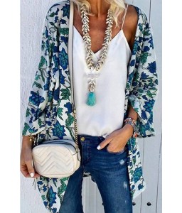 White Floral Print Bat Sleeve Open Front Casual Cover Up